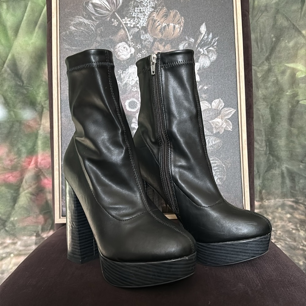 ASOS Design Platform Sock Booties, Faux Leather, Size 6 Wide-Fit